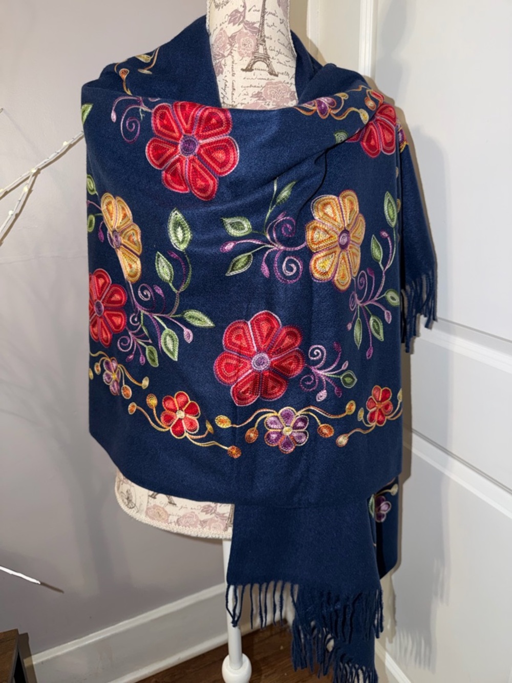 Peruvian Floral Embroidered Wool Scarf/ Pashmina #3